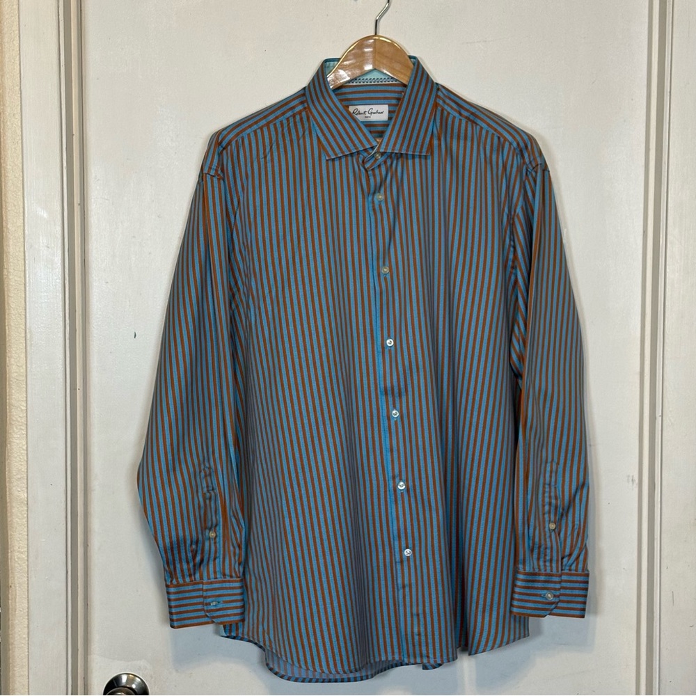 Robert Graham Men's Shirt with Blue and Brown Stripes 2XL Non numbered Shirt - Picture 3 of 16